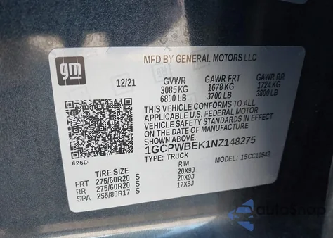 2022 Chevrolet Silverado 1500 Ltd 2Wd Short Bed Custom z USA, uszkodzony, nr VIN 1GCPWBEK1NZ148275